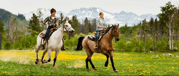 Confident plus-size woman riding Thame a horse through a field with a smile on her face.